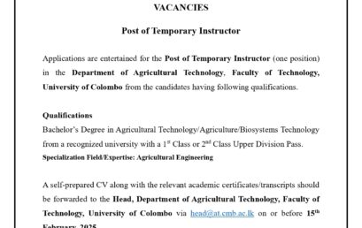 VACANCY – POST OF TEMPORORY INSTRUCTOR (AT)